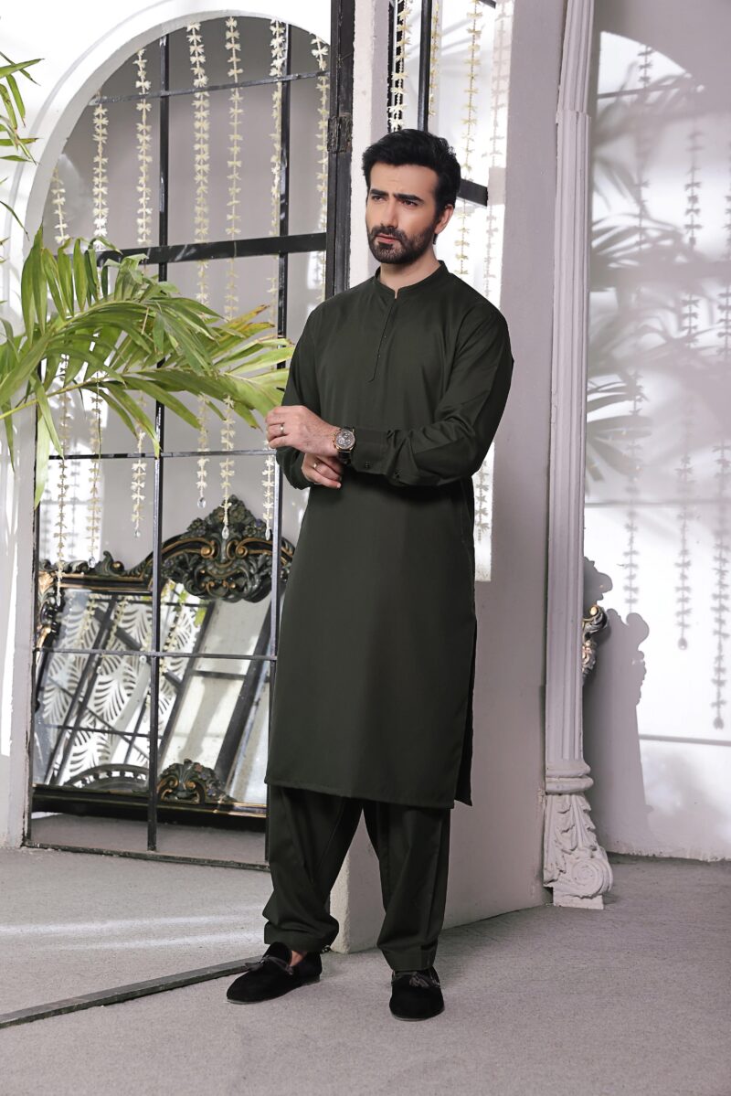 Olive Green Kameez Shalwar | ADKS-073 - Al-Deebaj