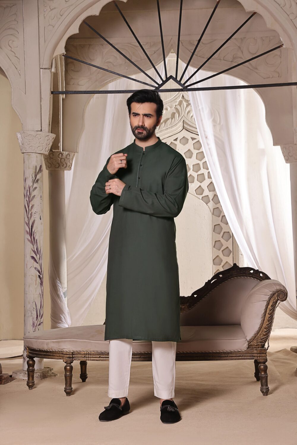 Green Self Cotton Kurta | ADKR-018 - Al-Deebaj