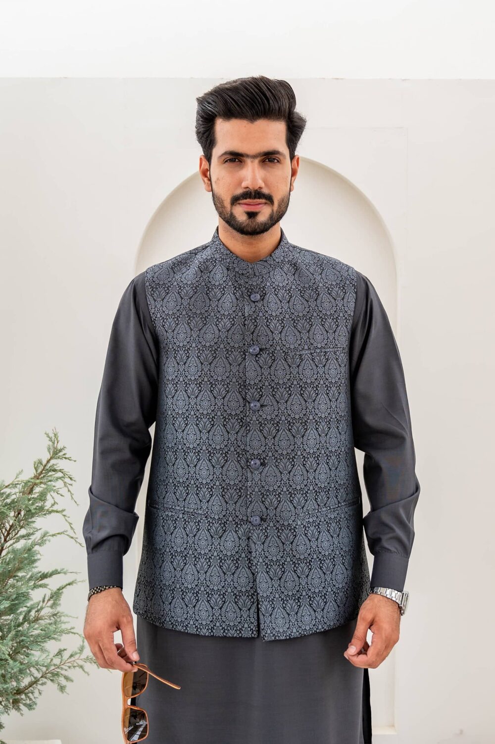 Grey Jamawar Waist-Coat - Al-Deebaj