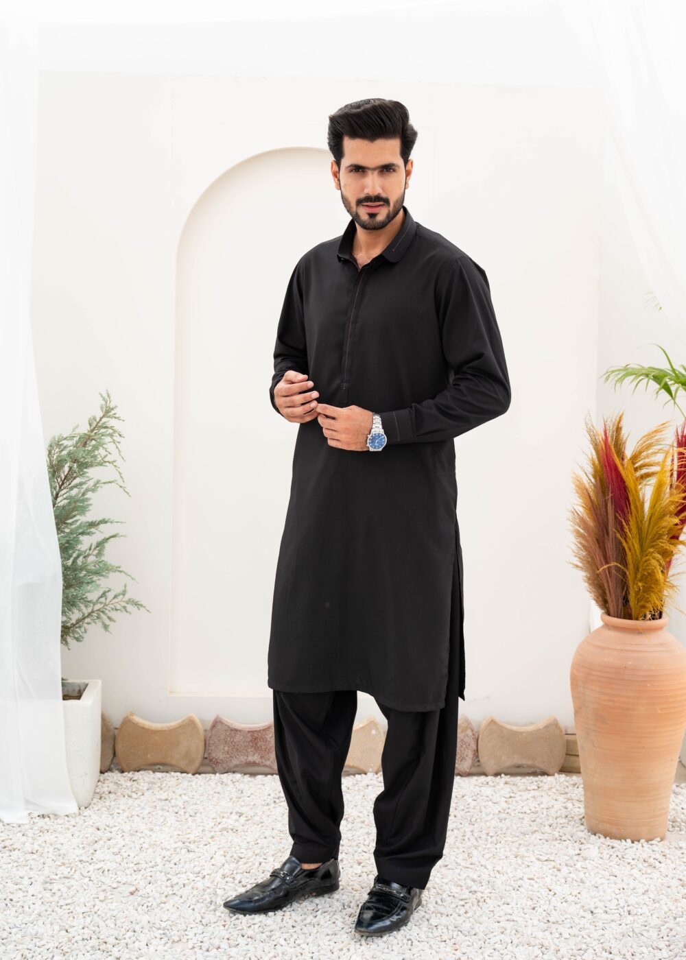 Black Self Blended Kameez Shalwar | ADKS-045 - Al-Deebaj