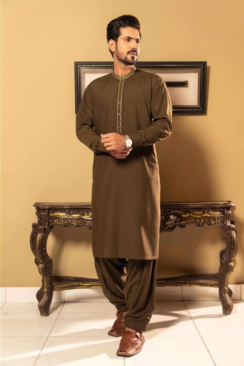 Olive Green Blended Kameez Shalwar | ADKS-053 - Al-Deebaj