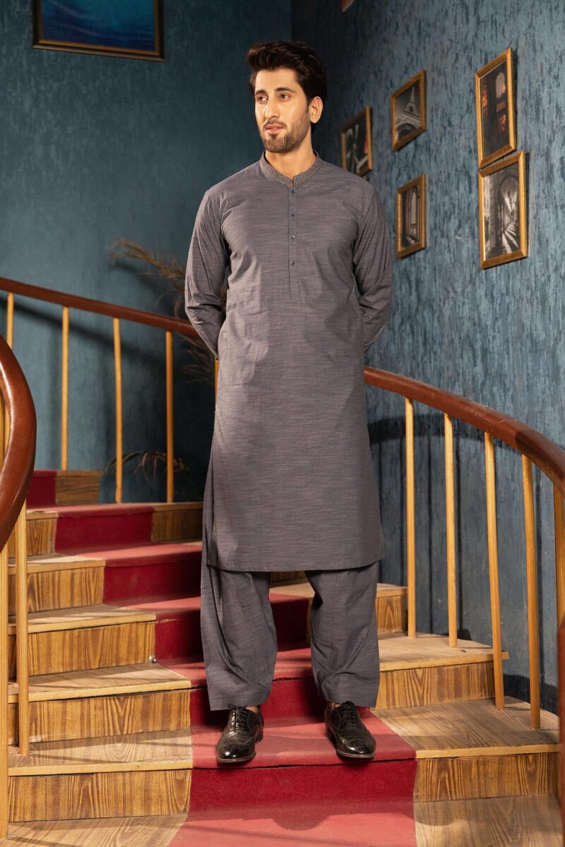 Blue Dyed Yarn Cotton Kameez Shalwar | ADKS-058 - Al-Deebaj