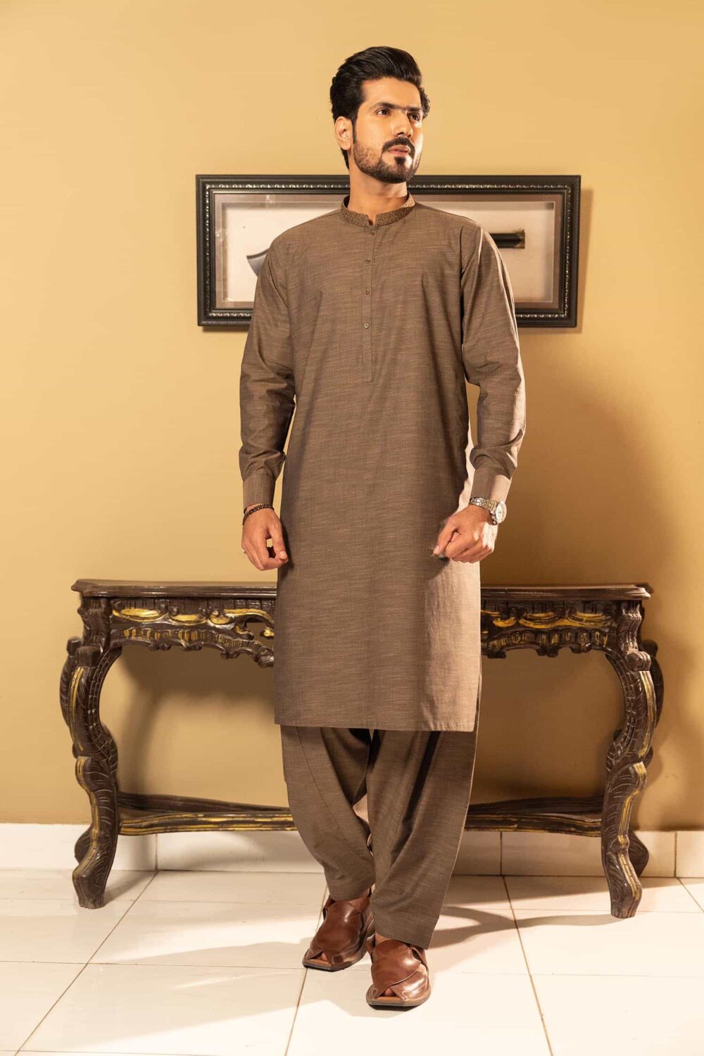 Green Dyed Yarn Cotton Kameez Shalwar | ADKS-059 - Al-Deebaj