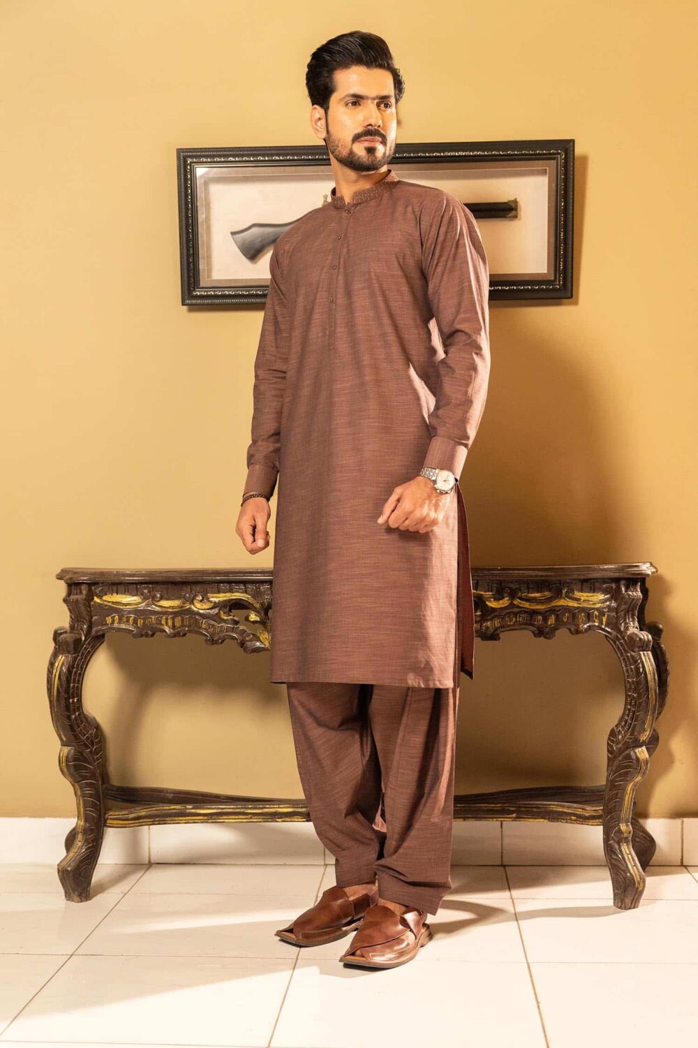 Maroon Dyed Yarn Cotton Kameez Shalwar | ADKS-060 - Al-Deebaj