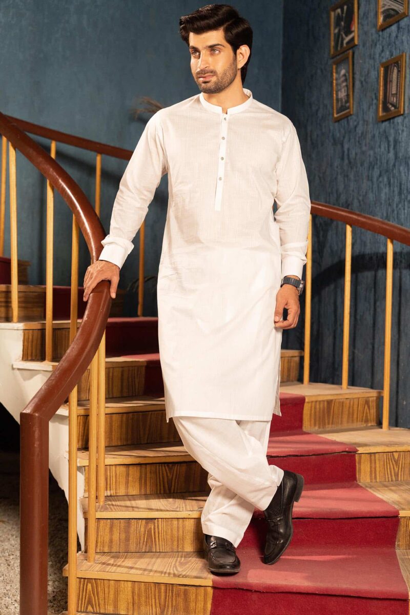 White Cotton Self Kameez Shalwar | ADKS-061 - Al-Deebaj