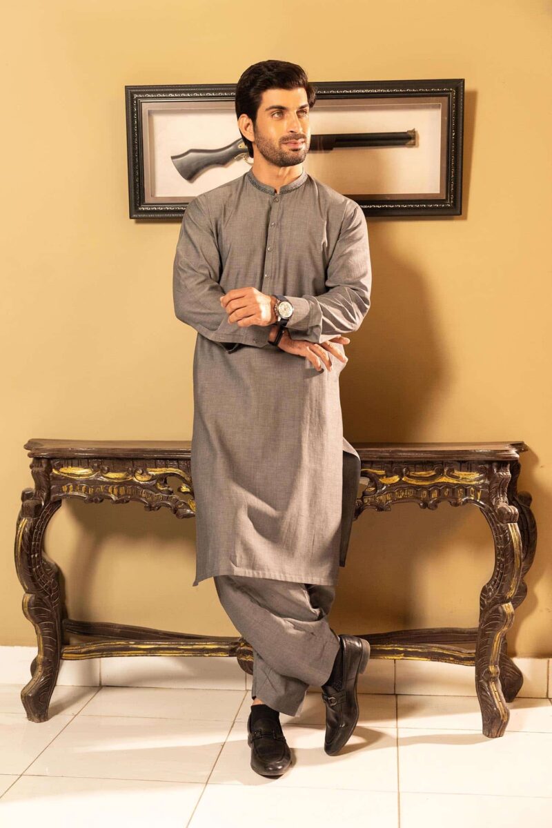 Grey Cotton Dobby Kameez Shalwar | ADKS-067 - Al-Deebaj