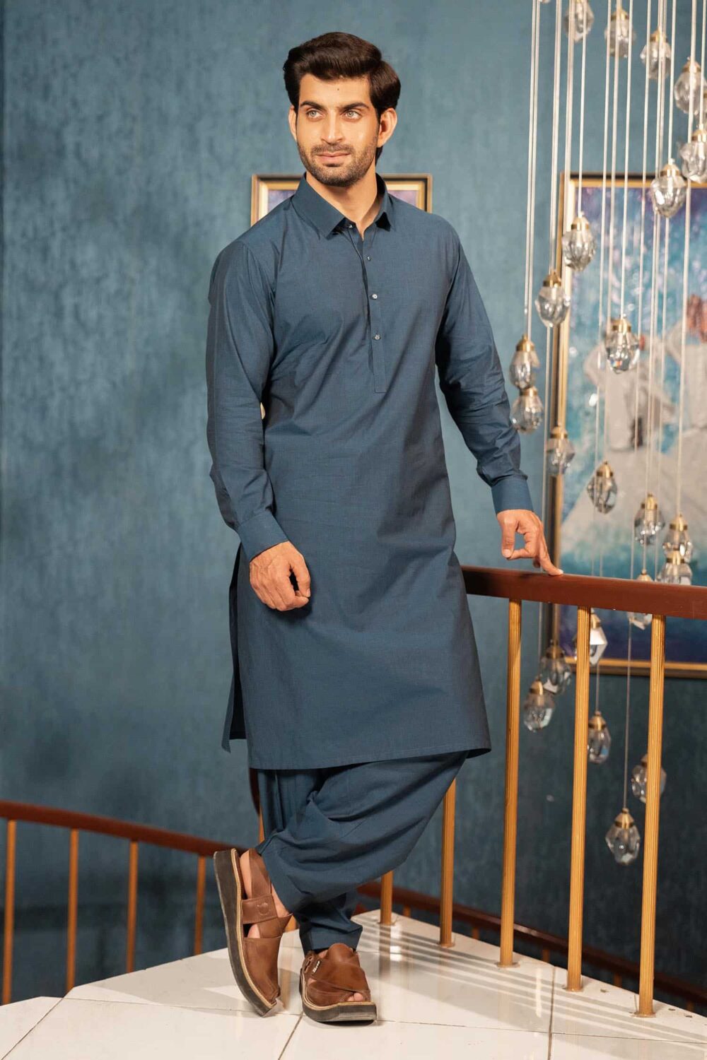 Teal Blue Cotton Kameez Shalwar | ADKS-068 - Al-Deebaj