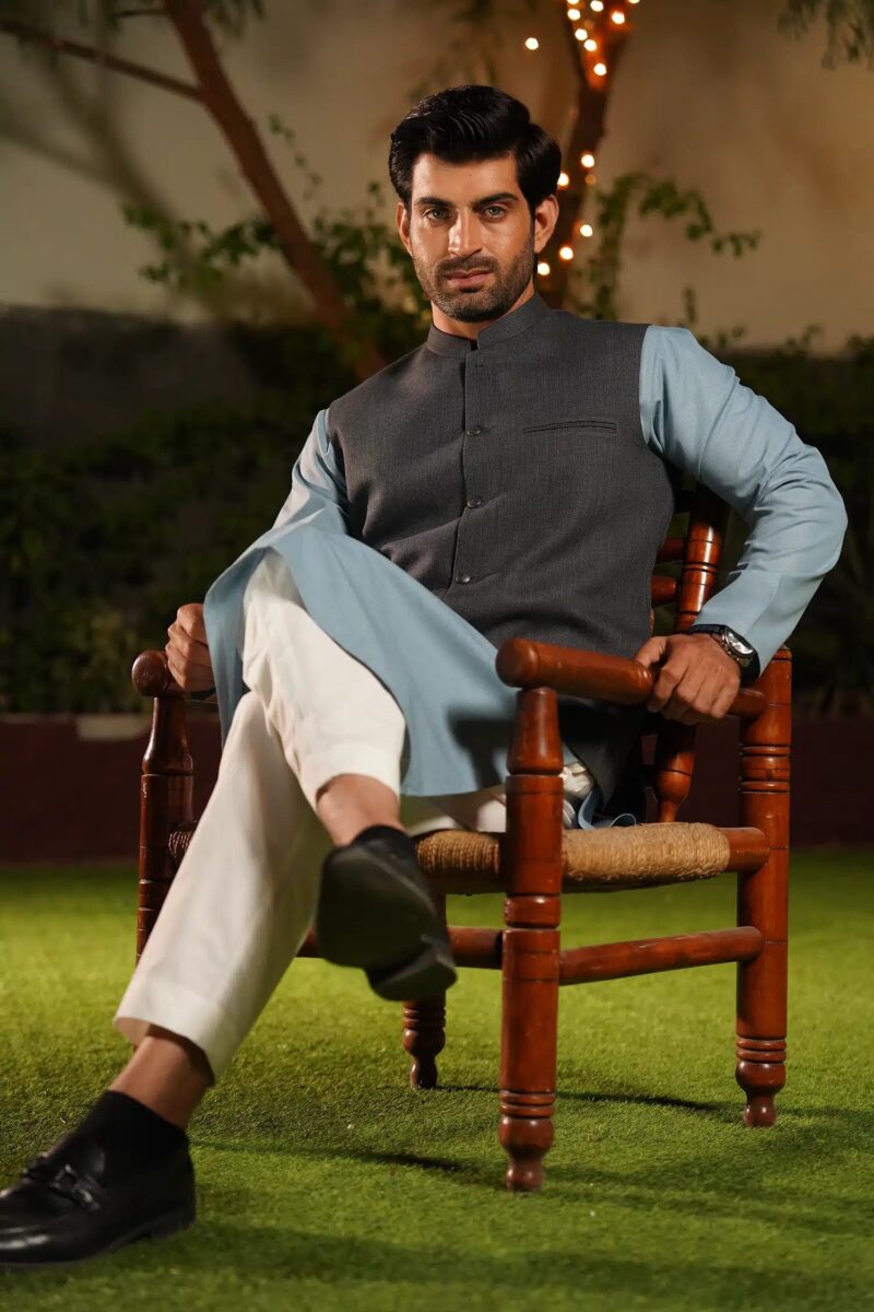 Grey Textured Waist-Coat - Al-Deebaj