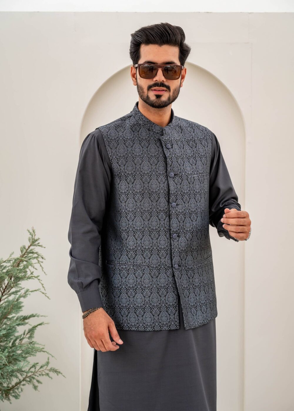 Grey Jamawar Waist-Coat - Al-Deebaj