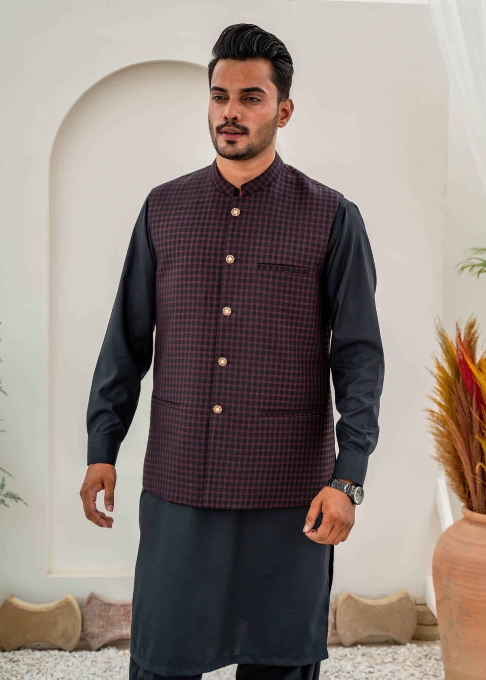 Maroon Suiting Waist-Coat - Al-Deebaj