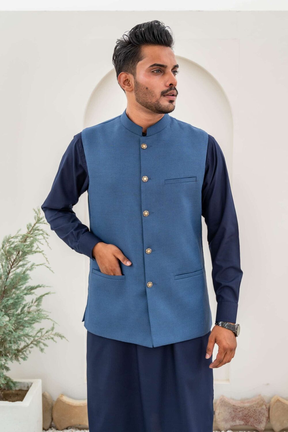 Blue Jacquard Waist-Coat - Al-Deebaj