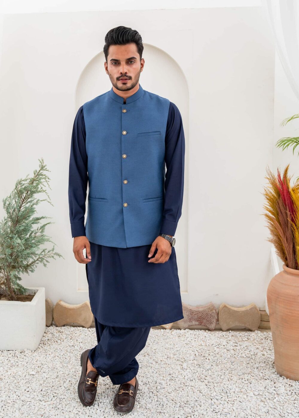 Blue Jacquard Waist-Coat - Al-Deebaj