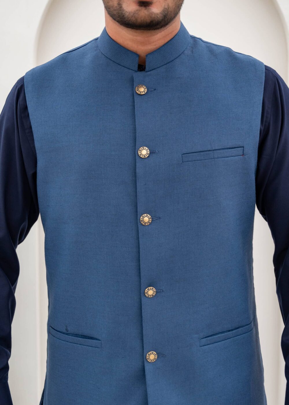 Blue Jacquard Waist-Coat - Al-Deebaj